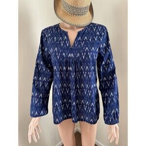 J Crew blue batik zigzag 100% cotton tunic top v-neck elastic cuffs Medium